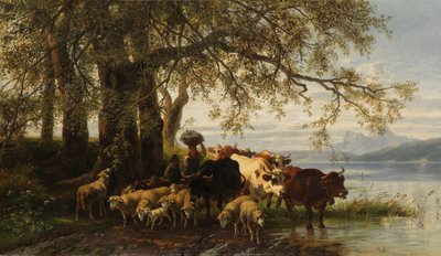 Peasant Woman and Shepherd Boy with Herd of Cattle and Sheep by the Lake by Christian Mali